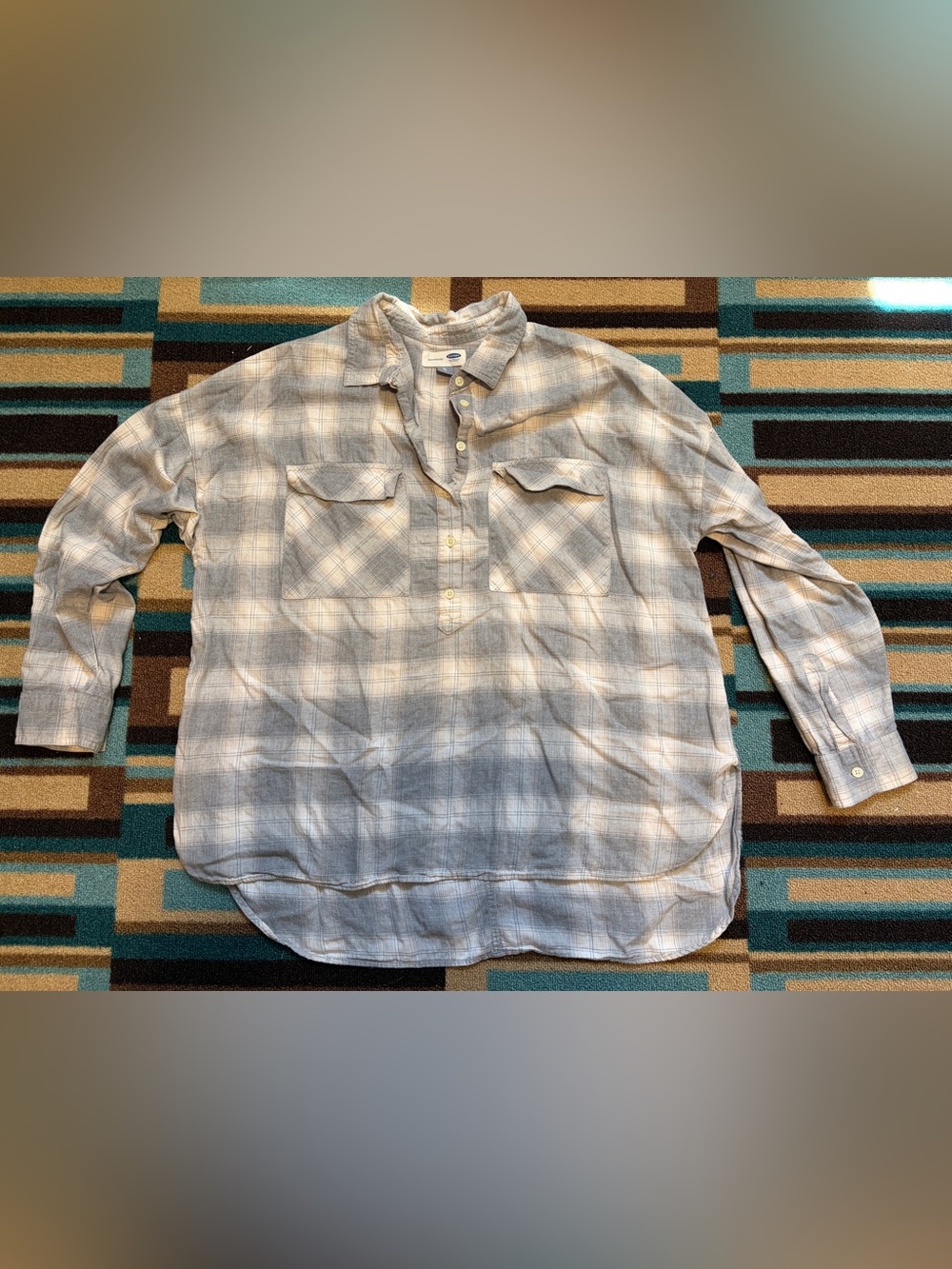 Old Navy Boyfriend Plaid Flannel Shirt Women’s XL Gray White 100% Cotton